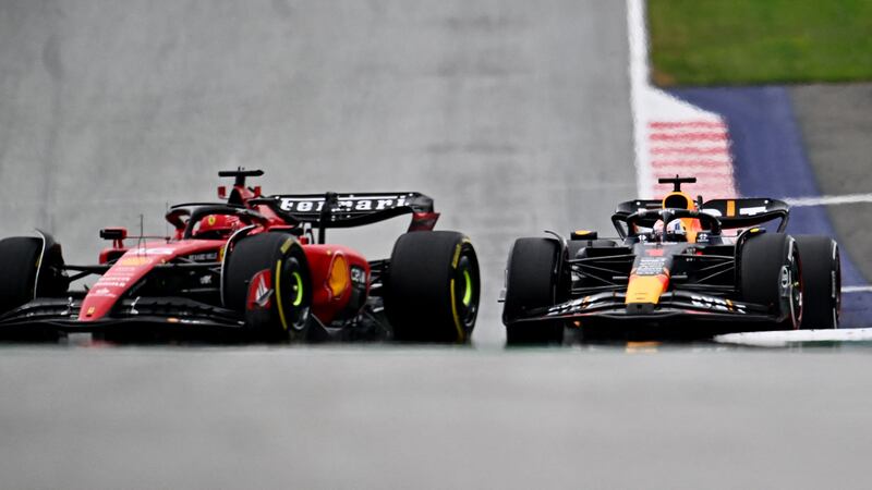 Max Verstappen (right) competes with Ferrari's Charles Leclerc during the Formula One Austrian Grand Prix at the Red Bull race track in Spielberg, Austria. Photograph: Joe Klamar/AFP via Getty Images