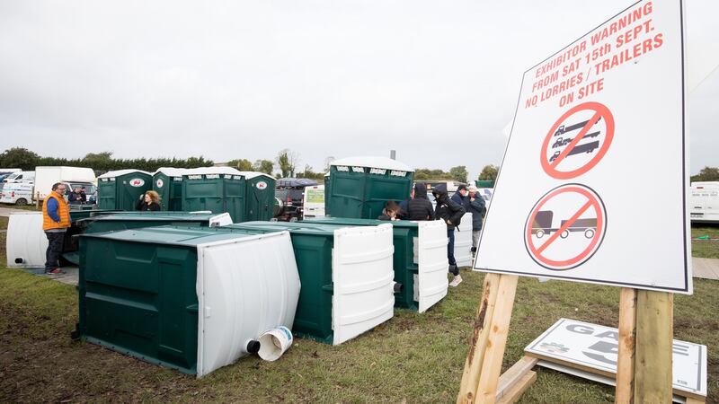 Some of the damage to the portable toilets at the Ploughing Championships in Creggan. Photograph: Tom Honan