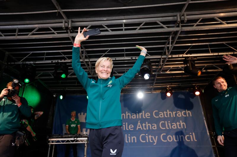 Republic of Ireland manager Vera Pauw on stage during the welcome home reception from the team. Photograph: Alan Betson

