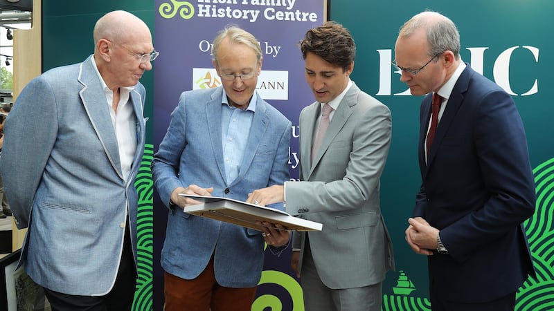 From left,  Neville Isdell, chairman of chq Dublin and founder of Epic, Brian Donovan,  Eneclann, Canadian prime minister Justin Trudeau  and Tánaiste Simon Coveney.