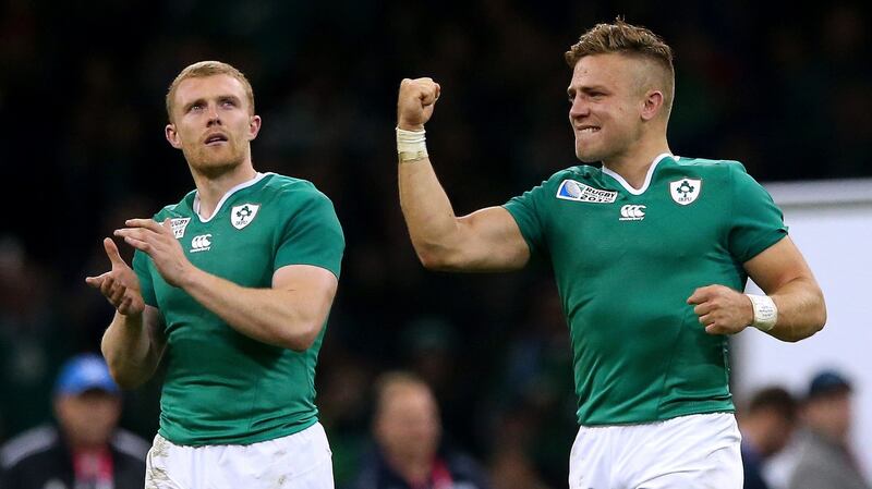 An emotional Ian Madigan celebrates victory over France in the 2015 Rugby World Cup.  Photo: James Crombie/Inpho