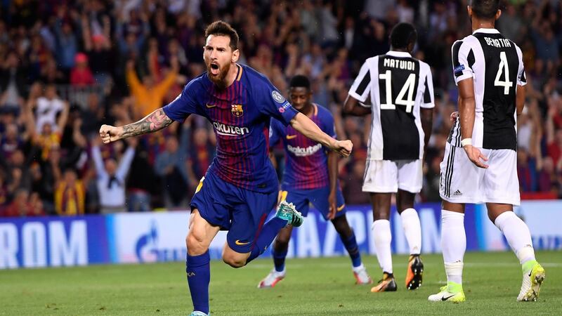 Lionel Messi celebrates scoring against Juventus. Photograph:  Alex Caparros/Getty Images