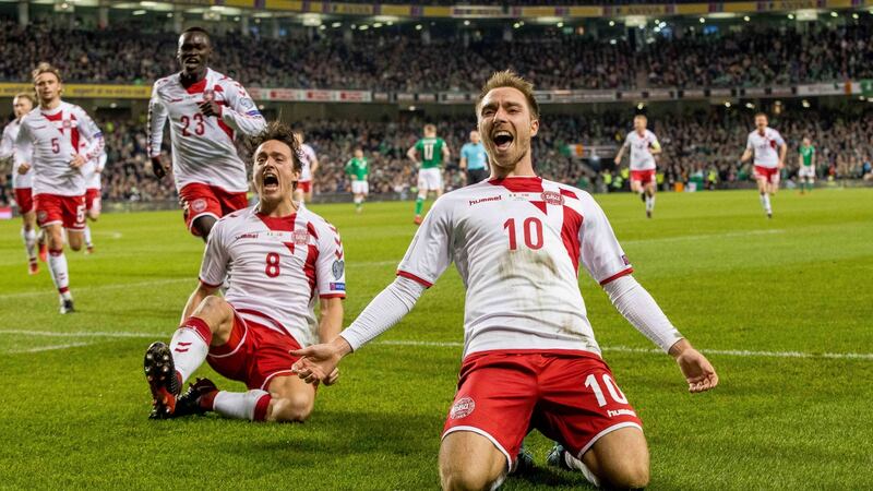 Christian Eriksen celebrates scoring during Denmark’s 5-1 win over Ireland in 2017. Photograph: Morgan Treacy/Inpho