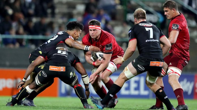 Munster’s CJ Stander and Gerbrandt Grobler in action against Berton Klaasen, Andisa Ntsila and Martinus Burger of the Southern Kings during the Guinness Pro 14 game at Outeniqua Park in George, South Africa. Photograph: Dan Sheridan/Inpho