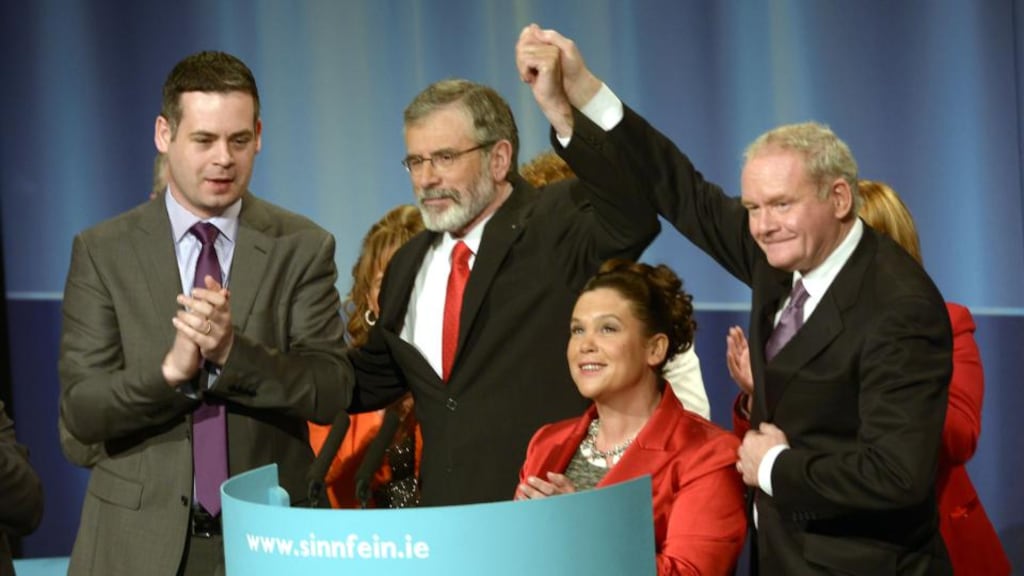 Uachtarán Shinn Féin Gerry Adams, Mary Lou McDonald, Martin McGuinness agus Pearse Doherty ag ardfheis Shinn Fein i Maigh Eo. Grianghraf: Brenda Fitzsimons / THE IRISH TIMES