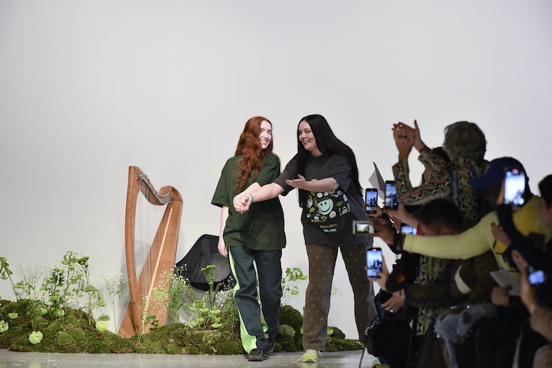 Fashion designer Robyn Lynch and harpist Róisín Berkeley at the Robyn Lynch Ready to Wear Fall/Winter 2023-2024 fashion show as part of the London Fashion Week. Photograph: Victor Virgile/ Gamma-Rapho via Getty Images
