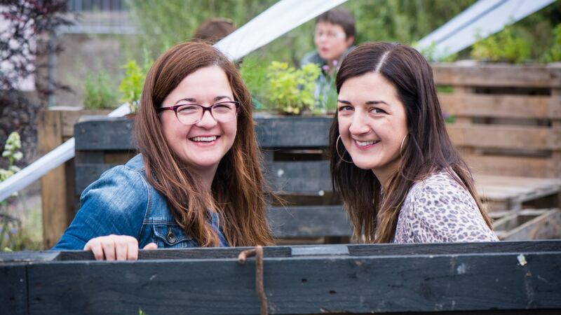 Lilly (right) and Raedi Higgins enjoying LitFest. Photograph: Joleen Cronin