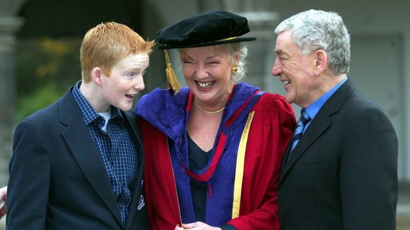 Marian Finucane  with her son Jack Clarke (then 16) and husband John Clarke, when she was conferred with an honorary degree by DIT (now TUD) in 2002. Photograph: RollingNews.ie