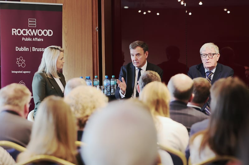 Former British minister for trade, Greg Hands seen here speaking a conference in Dublin today with Lorraine Higgins and former Irish ambassador, Dan Mulhall