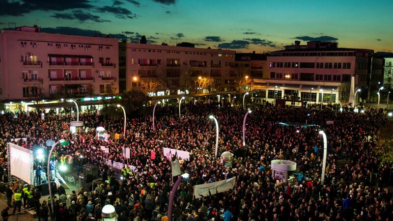 Protests in the main square of Podgorica, Montenegro. Photograph: Stevo Vasiljevic/Reuters
