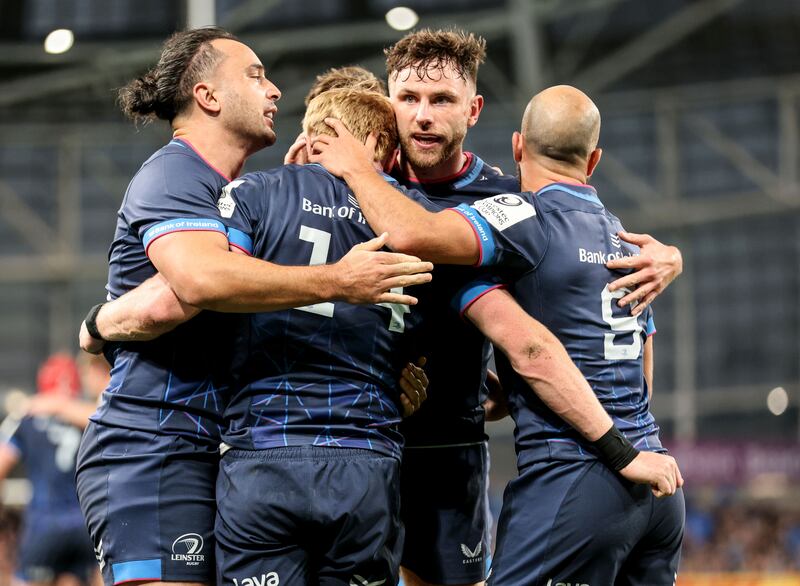 Leinster's Tommy O'Brien, celebrates after scoring a try with James Lowe, Hugo Keenan and Jamison Gibson-Park. Photograph: Dan Sheridan/Inpho