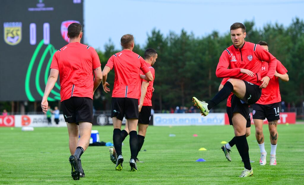 Derry City's Patrick McEleney warming up ahead of the away game against Tobol Kostanay in Kazakhstan. File photograph: Inpho