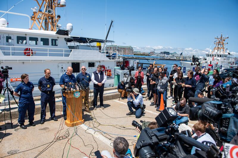 Members of the US Coast Guard speaking to reporters yesterday about the search efforts for the Titan submersible. Photograph: Joseph Prezioso / AFP