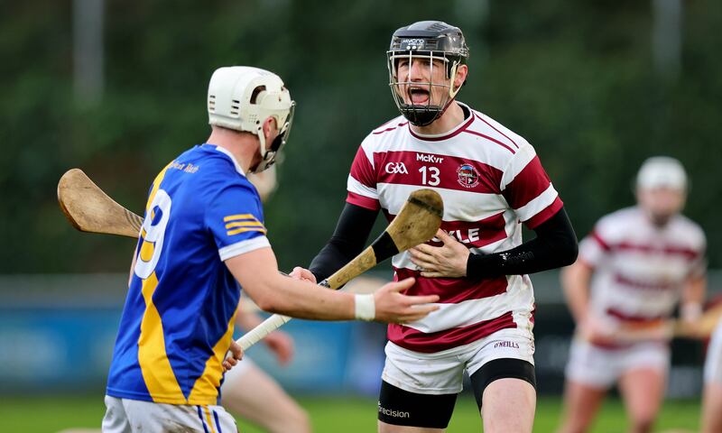 Loughrea’s Cullen Killeen clashes with Brendan Rogers of Slaughtneil during Sunday's All-Ireland club SHC semi-final at Parnell Park. Photograph: Ryan Byrne/Inpho