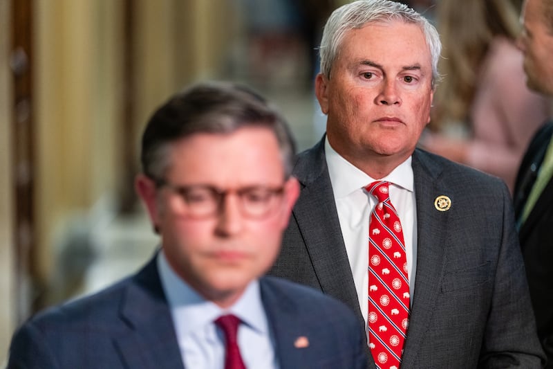 House speaker Mike Johnson and house oversight committee chair James Comer. Photograph: Eric Lee/New York Times
                      
