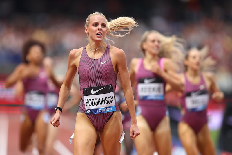 Keely Hodgkinson of Great Britain celebrates winning the women's 800m final during the London Athletics Meet on July 20th, 2024. Photograph: Ben Hoskins/Getty Images