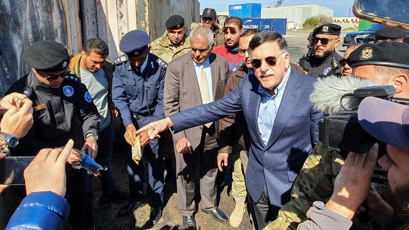 Fayez al-Sarraj, prime minister of Libya’s UN-recognised Government of National Accord,  visits the port in Tripoli on February 20th after it was hit by rocket fire. Photograph: Mahmud Turkia/AFP via Getty Images