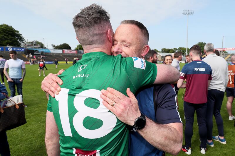 Westmeath manager Joe Fortune celebrates with Derek McNicholas following the remarkable comeback victory over Wexford at Chadwicks Wexford Park. Photograph: Laszlo Geczo/Inpho