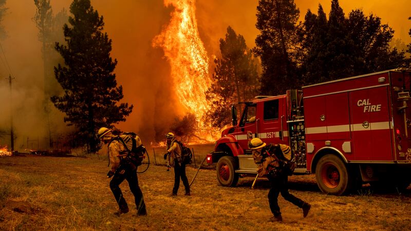 Firefighters work to keep the Oak Fire from reaching a home in the Jerseydale community of Mariposa County. Photograph: Noah Berger/AP
