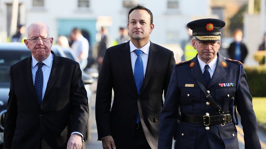 Taoiseach Leo Varadkar (centre) with Minister for Justice Charlie Flanagan (left) and Garda Commissioner Drew Harris (right) at the Garda College, Templemore, Co. Tipperary. Photograph: Brian Lawless/PA Wire