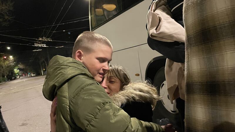 Tatyana Arkhipova meeting son Ilya (9) in Odesa after he was evacuated from Russian-occupied Kherson in southern Ukraine. Photograph: Daniel McLaughlin
