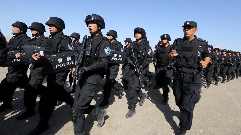 Chinese soldiers participate in an anti-terror drill in Hami, Xinjiang in 2017. Photograph: Reuters