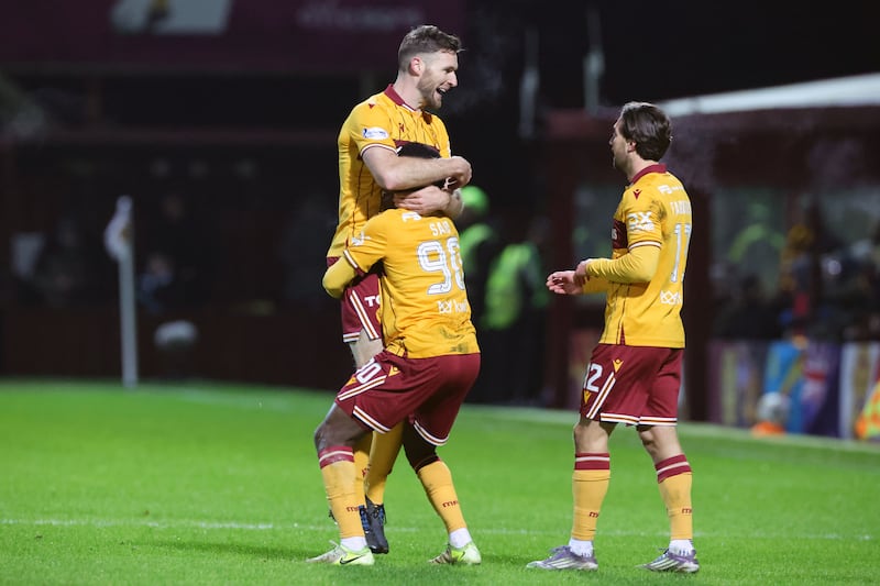 Ibrahim Said celebrates scoring Motherwell's first goal. Photograph: Steve Welsh/PA