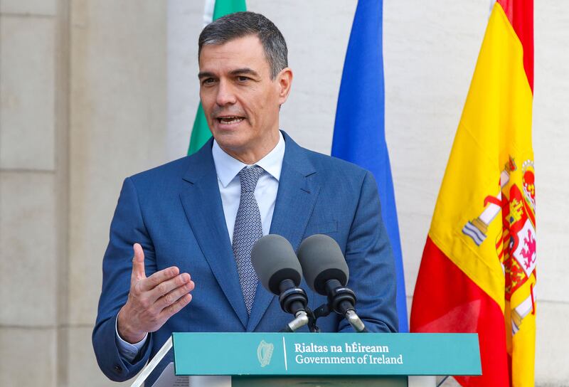 Spain's prime minister Pedro Sánchez speaks at Government Buildings in Dublin on April 12, 2024. Photograph: Paul Faith/AFP via Getty Images