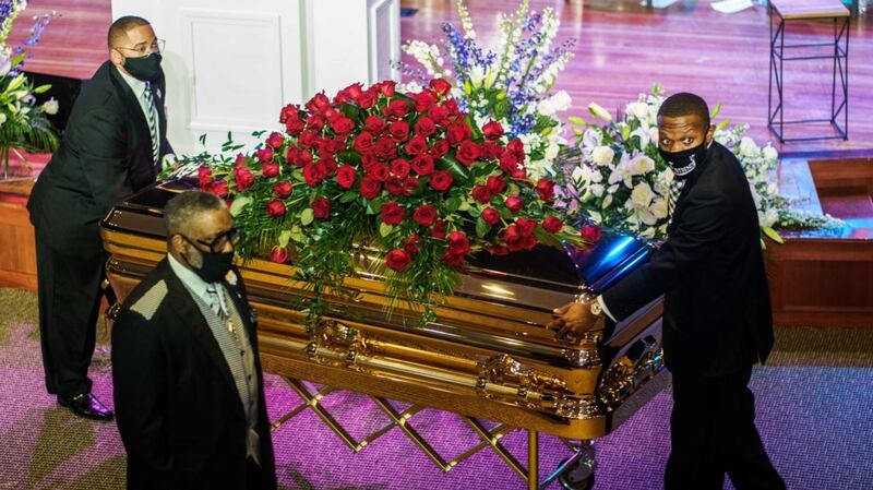 The casket containing the remains of George Floyd at a memorial service in his honour in Minneapolis on Thursday. Photograph: Kerem Yucel/AFP via Getty Images