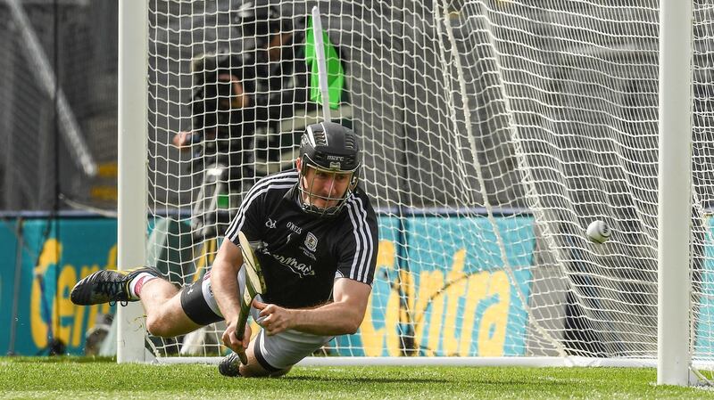 Callanan dives to save a penalty against Wexford. Photo: Ray McManus/Sportsfile via Getty Images