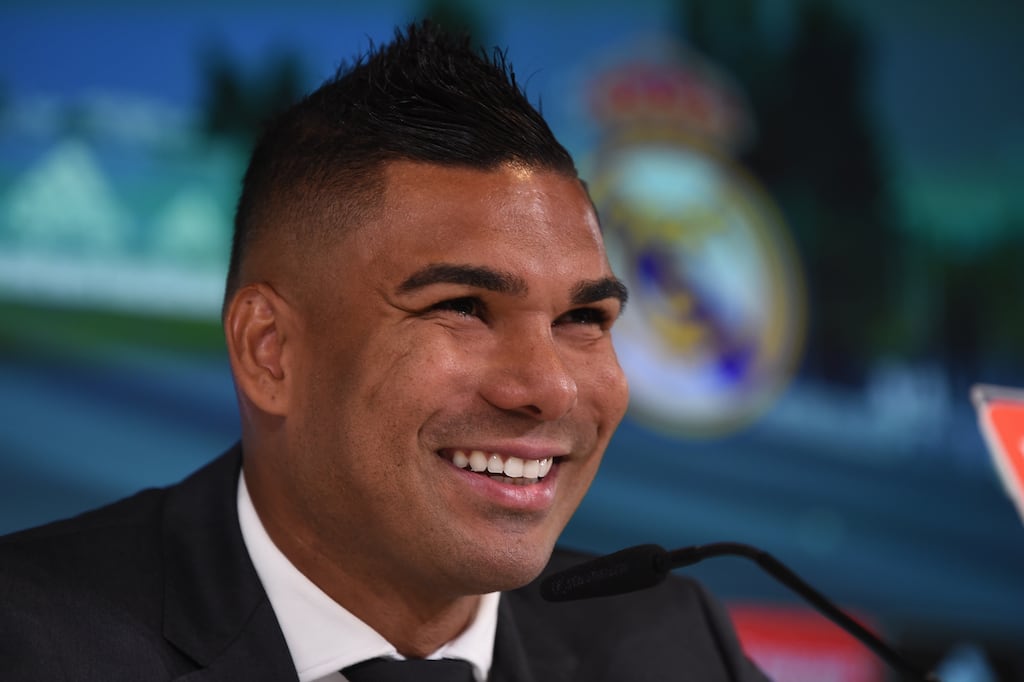Real Madrid player Casemiro gives a press conference after leaving for Manchester United. Photograph: Denis Doyle/Getty