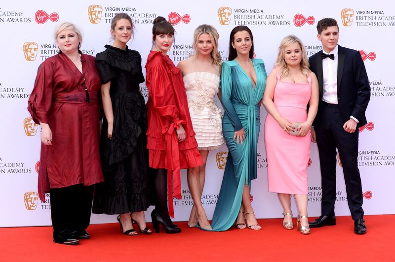 Derry Girls: Siobhán McSweeney, Louisa Harland, Kathy Kiera Clarke, Saoirse-Monica Jackson, Jamie-Lee O’Donnell, Nicola Coughlan and Dylan Llewellyn at the TV Baftas. Photograph: Jeff Spicer/Getty