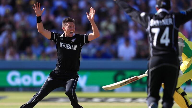 New Zealand’s Trent Boult celebrates his hat-trick against Australia in the World Cup match at Lord’s. Photograph:    Mike Egerton/PA Wire