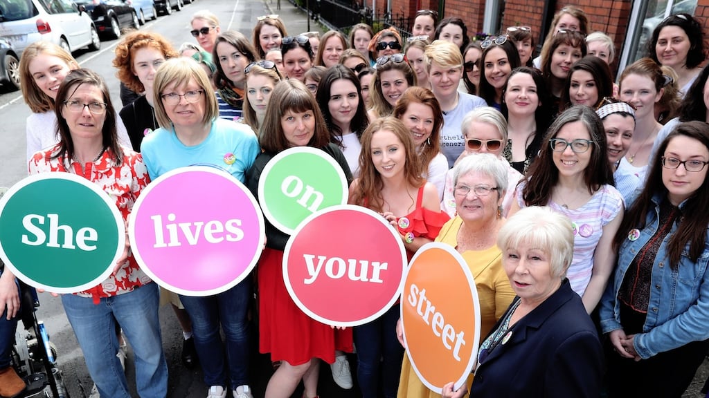 She Lives on Your Street: Eilish O’Carroll (front right), star of Mrs Brown’s Boys, at the campaign’s launch in Phibsborough in Dublin. Photograph: Maxwell