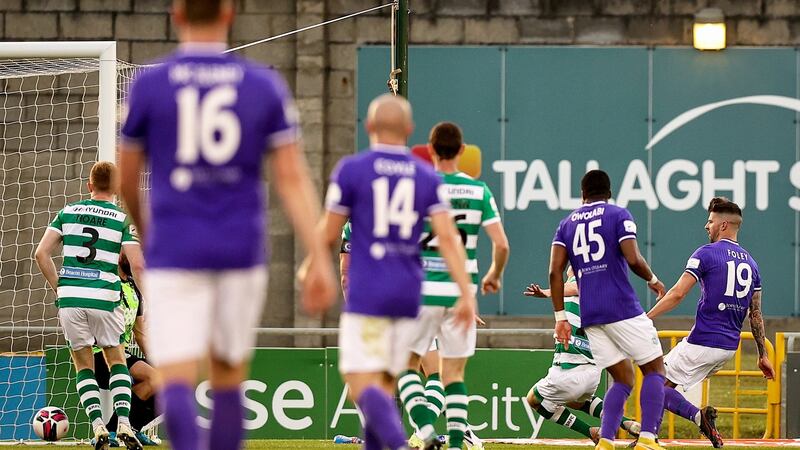 Adam Foley scores Finn Harps’ equaliser during the SSE Airtricity League Premier Division match at  Tallaght Stadium. Photograph: Tommy Dickson/Inpho
