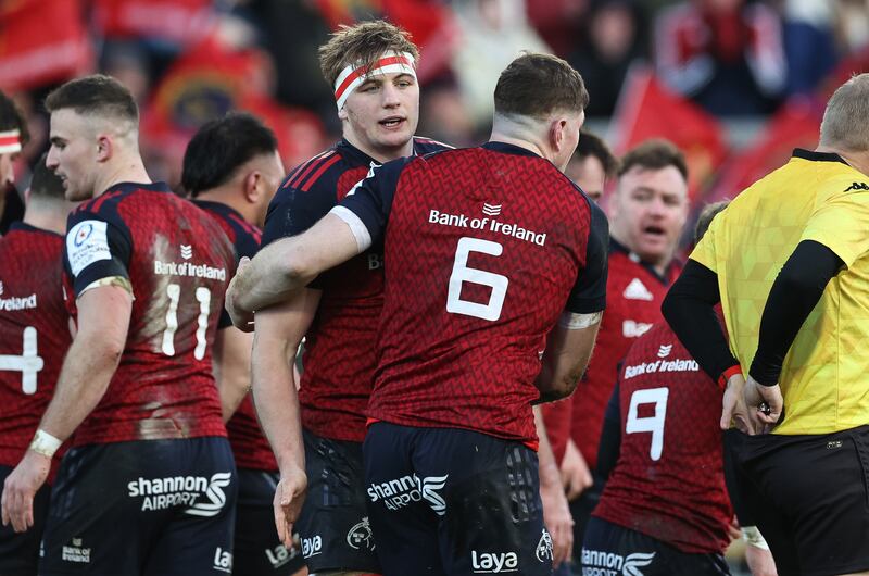 Munster’s Gavin Coombes celebrates scoring a try with Jack O’Donoghue. Photograph: Billy Stickland/Inpho