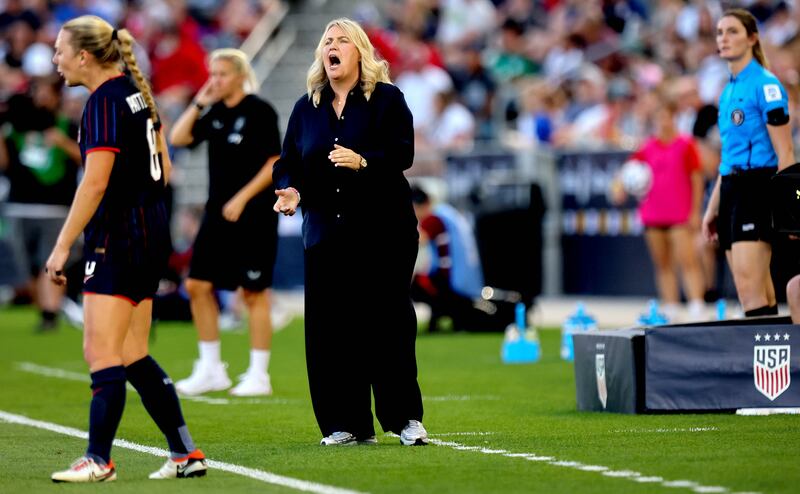 United States head coach Emma Hayes during Friday's game against Ireland. Photograph: Ryan Byrne/Inpho
