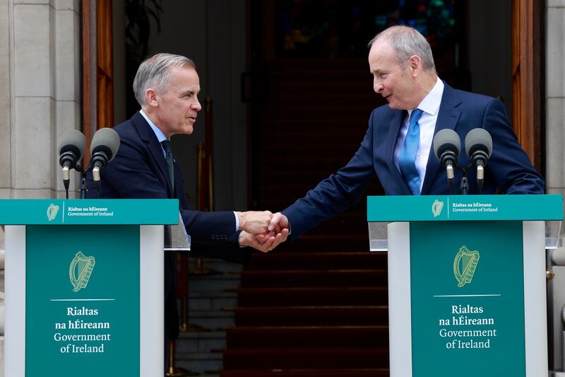 Canadian prime minister Mark Carney and Taoiseach Micheál Martin at Government Buildings in Dublin on Saturday. Photograph: Conor Ó Mearáin/PA Wire