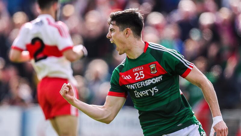 Mayo’s Conor Loftus celebrates scoring the  goal that turned the tide in Castlebar. Photograph: Tommy Dickson/Inpho