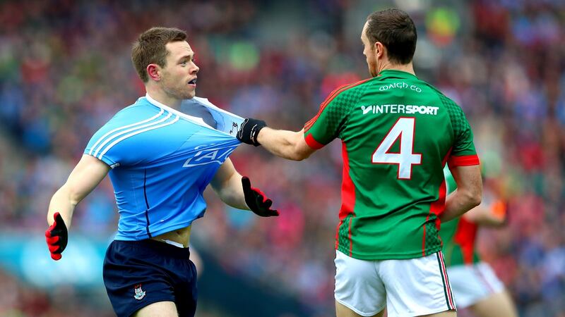 Keith Higgins gets to grips with Dean Rock during the 2016 All-Ireland final replay. Photograph:  James Crombie/Inpho