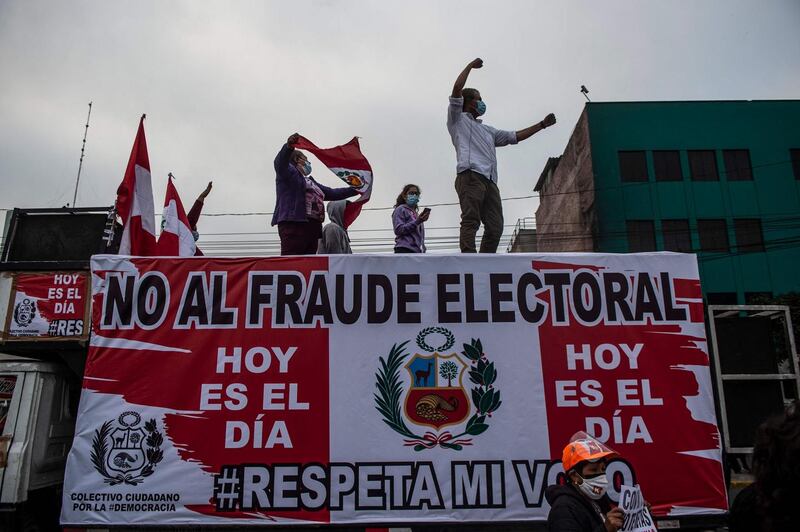 Supporters of the  candidate for the Fuerza Popular party, Keiko Fujimori, protest in front of the National Organism of Electoral Processes building in Lima, on June 9th. Photograph: Ernesto BenavideS/AFP via Getty