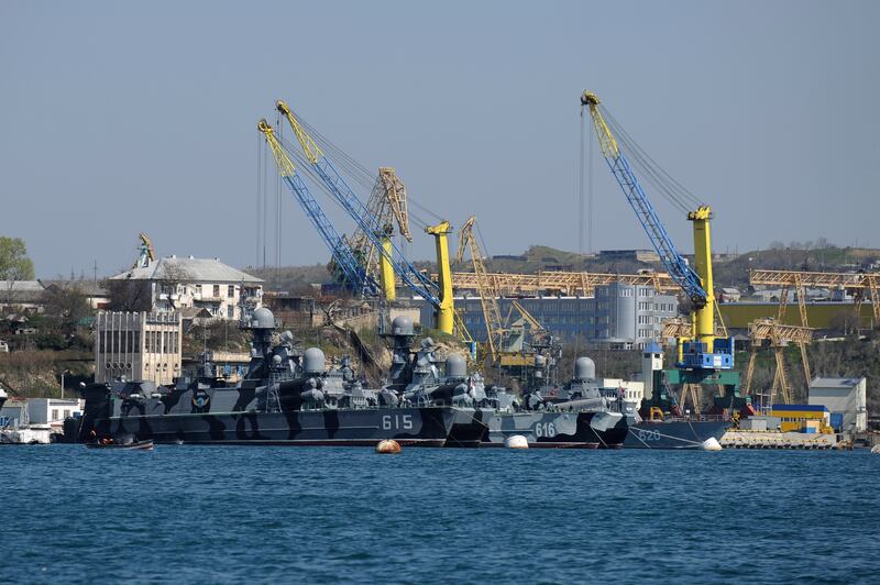 Russian Black Sea fleet ships anchored in one of the bays of Sevastopol, Crimea. Photograph: AP Photo