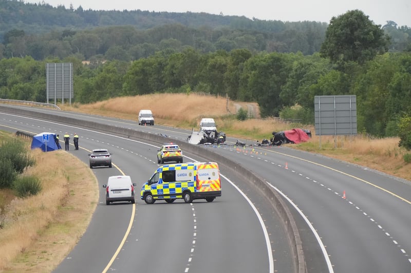 The scene on the M9 northbound at Junction 3 in Co Kildare, where a number of people have died and others have been seriously injured after a collision between two cars. Photograph: Niall Carson/PA Wire