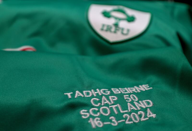 A view of Ireland’s Tadhg Beirne’s jersey in the changing room ahead of the game. Photograph: Dan Sheridan/Inpho