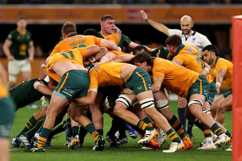 Players of Australia and South Africa engage in one of the many mauls. Photograph: Janelle St Pierre/Getty Images