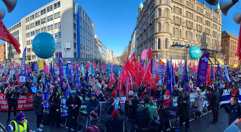 Public sector workers take part in a rally at Belfast City Hall. Picture: PA