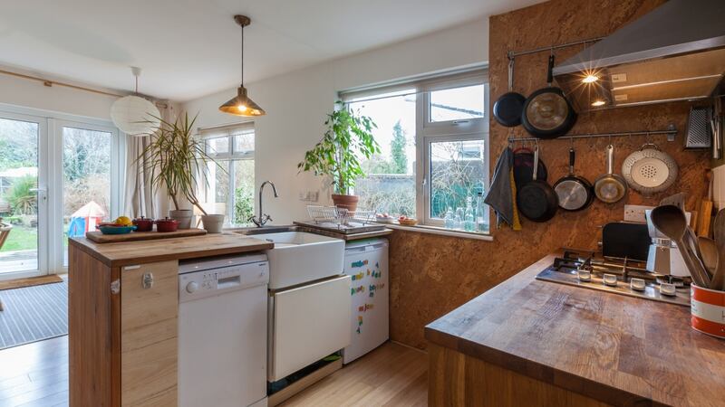 Kitchen with cork wall.