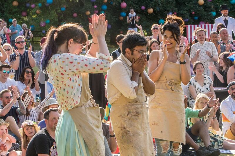 Fellow finalists Kim-Joy (left) and Ruby  celebrate Rahul (centre) winning The Great British Bake Off 2018 Photograph: C4/Love Productions/Mark Bourdillon/PA Wire