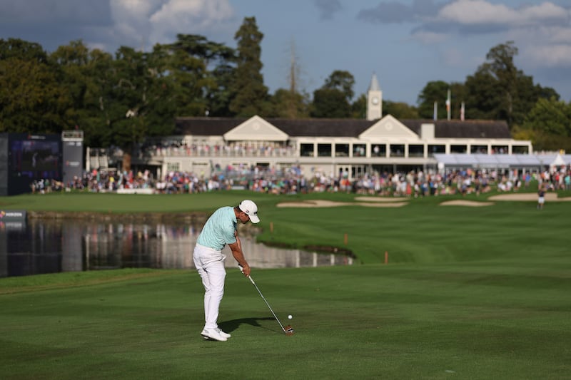 Leader Hurly Long of Germany plays his second shot on the 18th hole during the third round. Photograph: Richard Heathcote/Getty Images