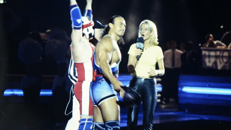 Wolf (Michael van Wijk) and host Ulrika Jonsson during the filming of Gladiators for Comic Relief at the National Indoor Arena in Birmingham in  1997.  Photograph: Comic Relief/Comic Relief via Getty Images